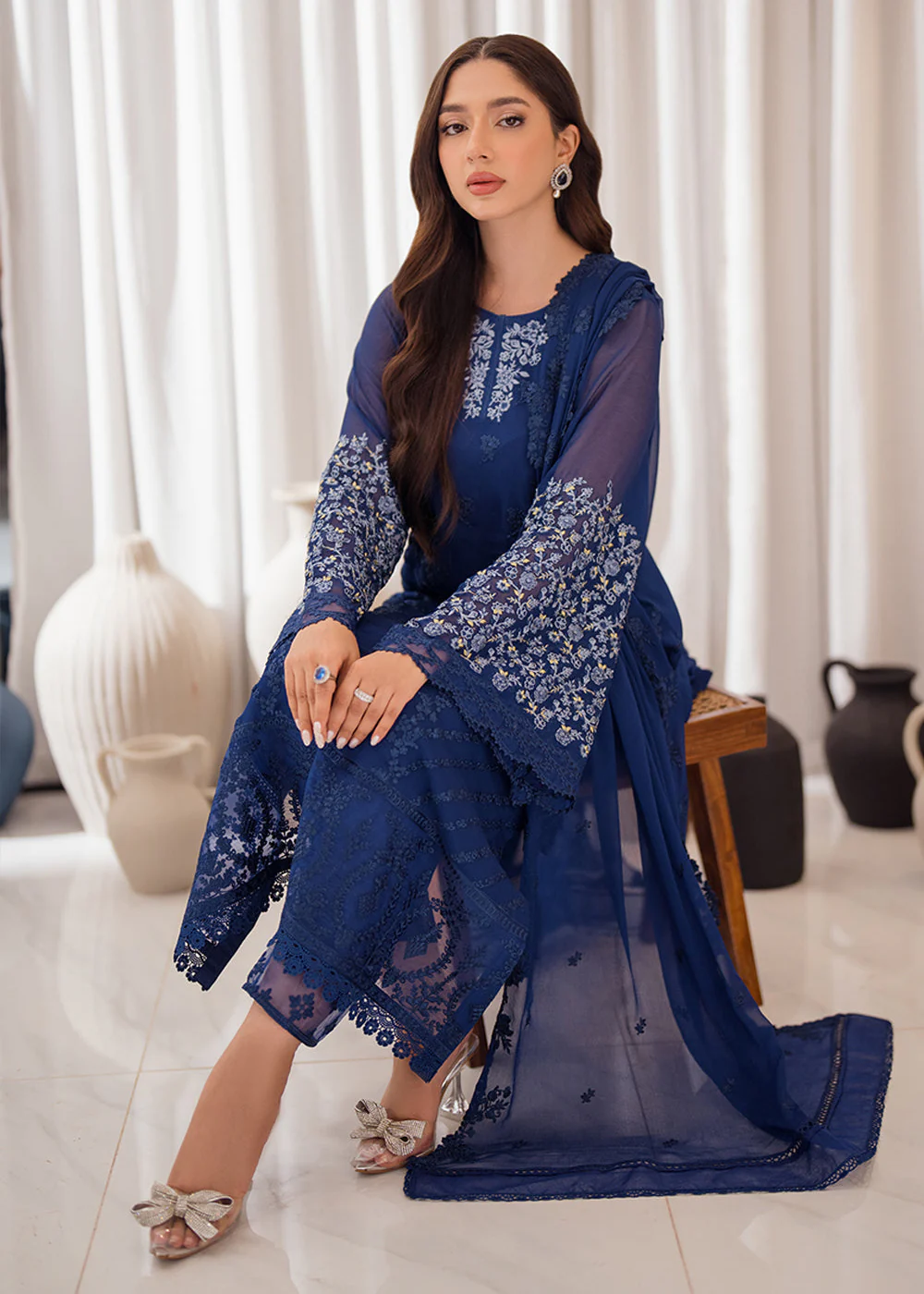 3 Pcs Embroidered Luxury Chiffon Formals '24 by Azure | Azure Breeze - Image 3