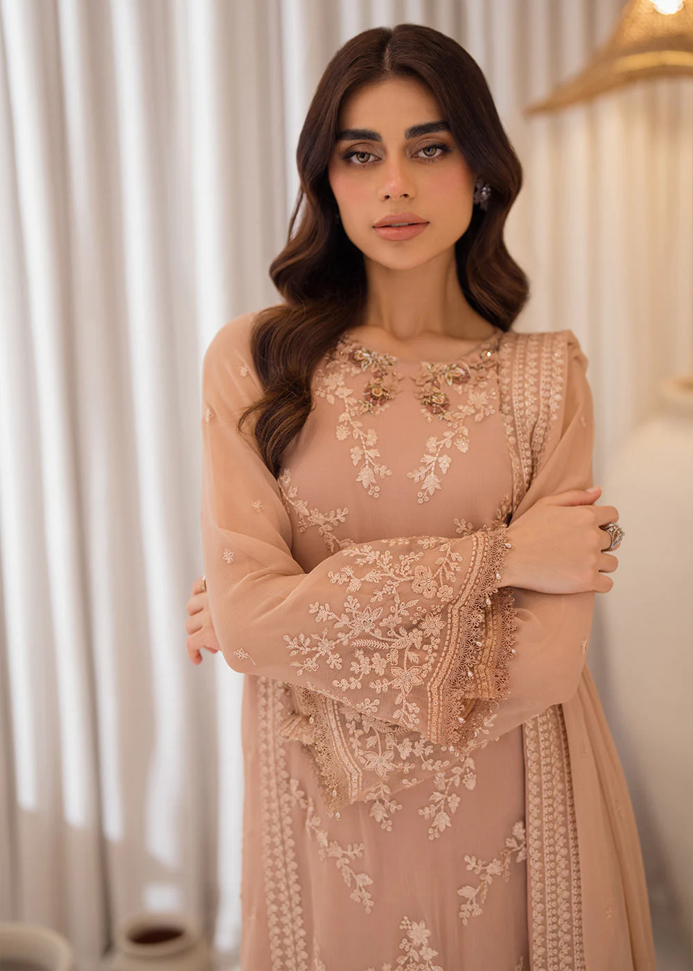 3 Pcs Embroidered Luxury Chiffon Formals '24 by Azure | Beige Bliss - Image 2