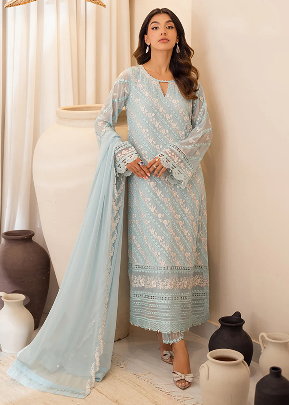 3 Pcs Embroidered Luxury Chiffon Formals '24 by Azure | Mint Glaze