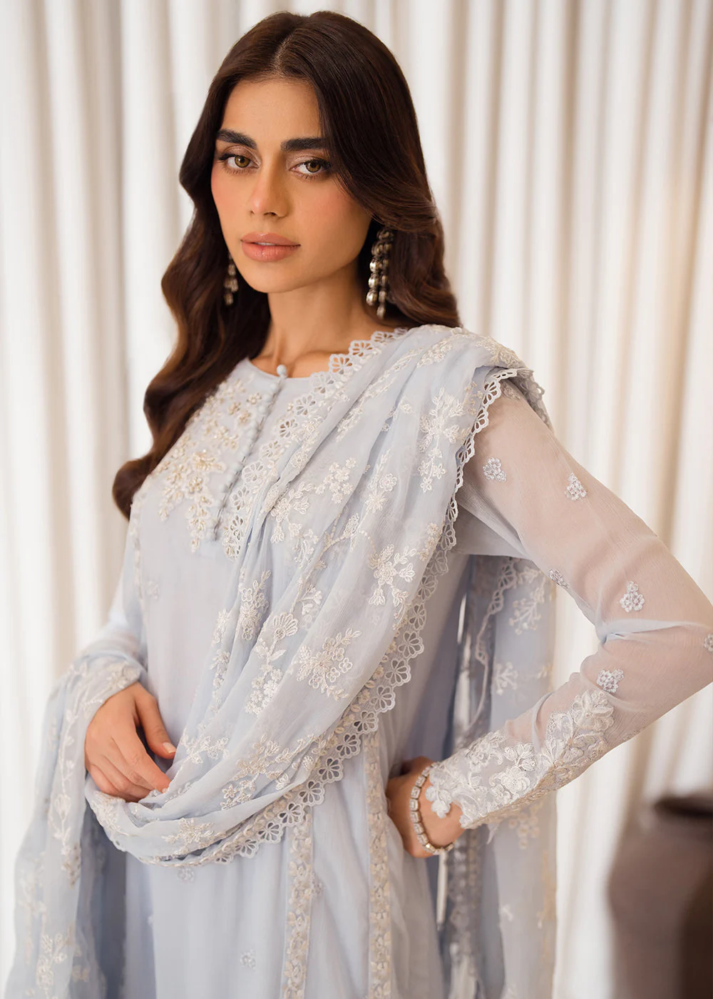 3 Pcs Embroidered Luxury Chiffon Formals '24 by Azure | Serenity Sky - Image 2