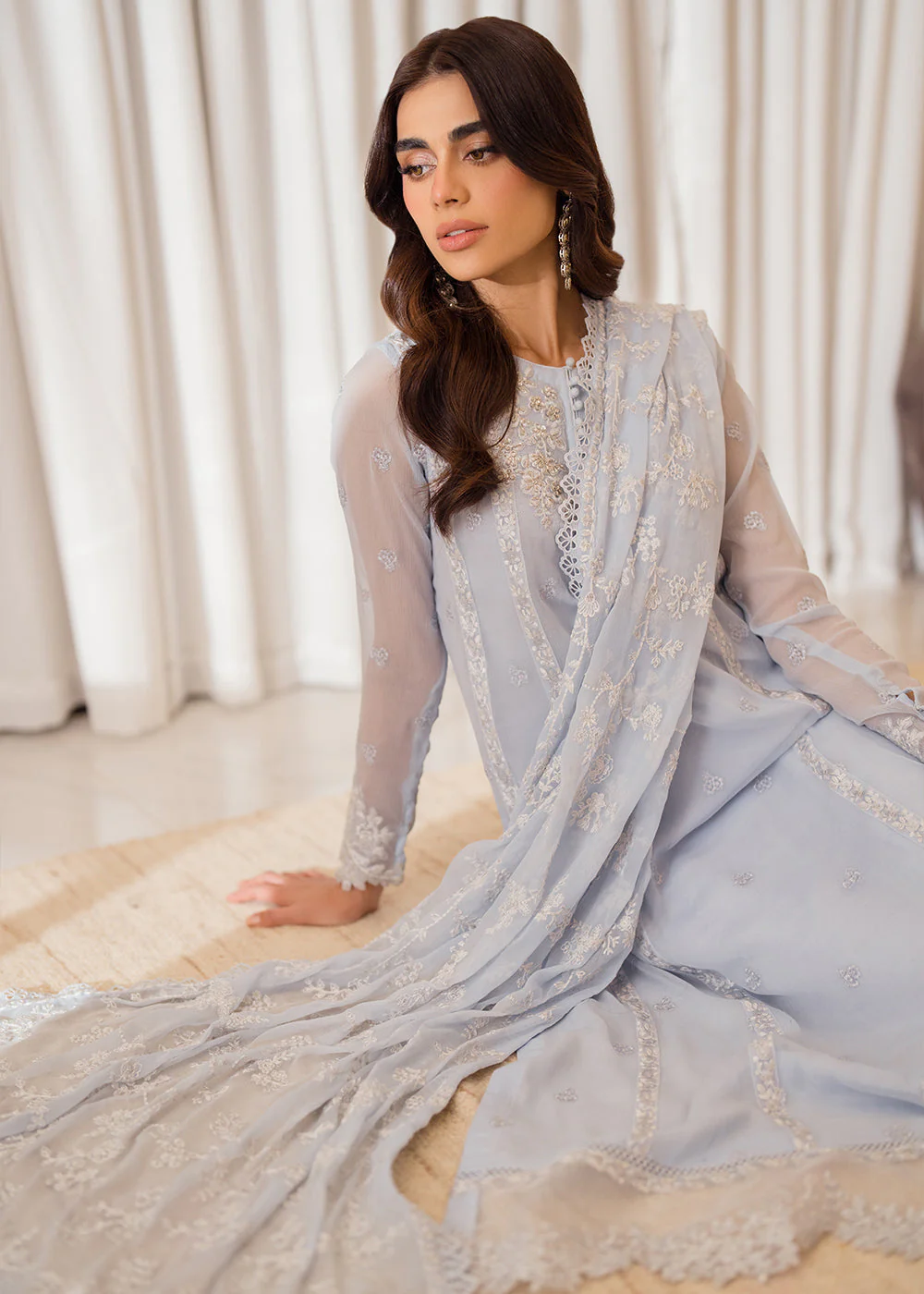 3 Pcs Embroidered Luxury Chiffon Formals '24 by Azure | Serenity Sky - Image 3
