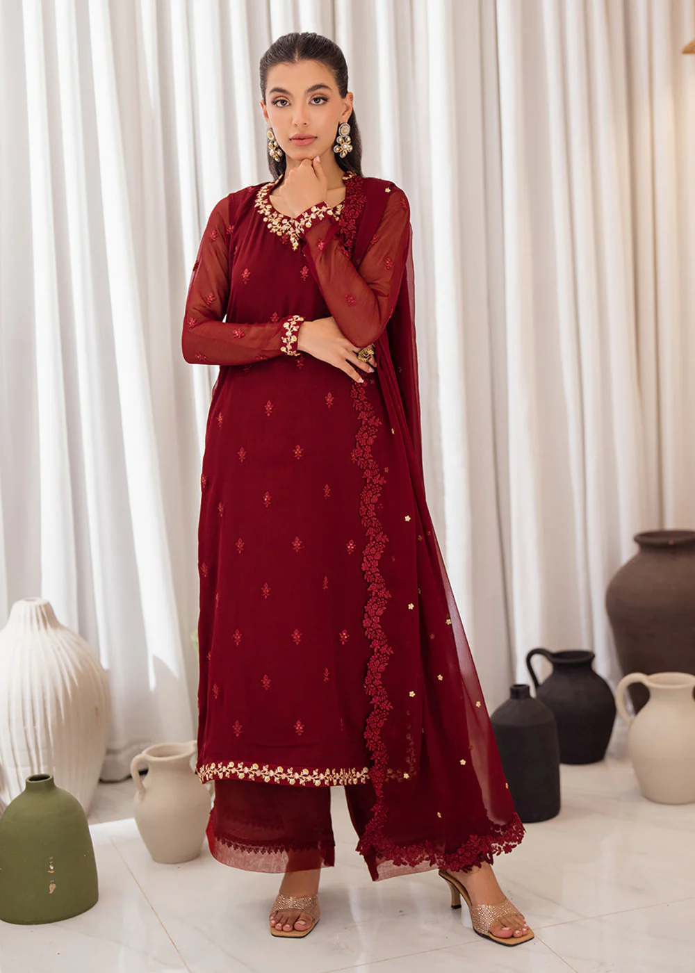 3 Pcs Embroidered Luxury Chiffon Formals '24 by Azure | Wine Scarlet - Image 6