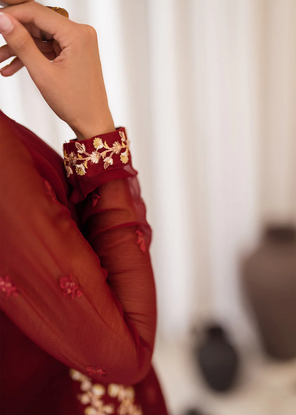 3 Pcs Embroidered Luxury Chiffon Formals '24 by Azure | Wine Scarlet - Image 8