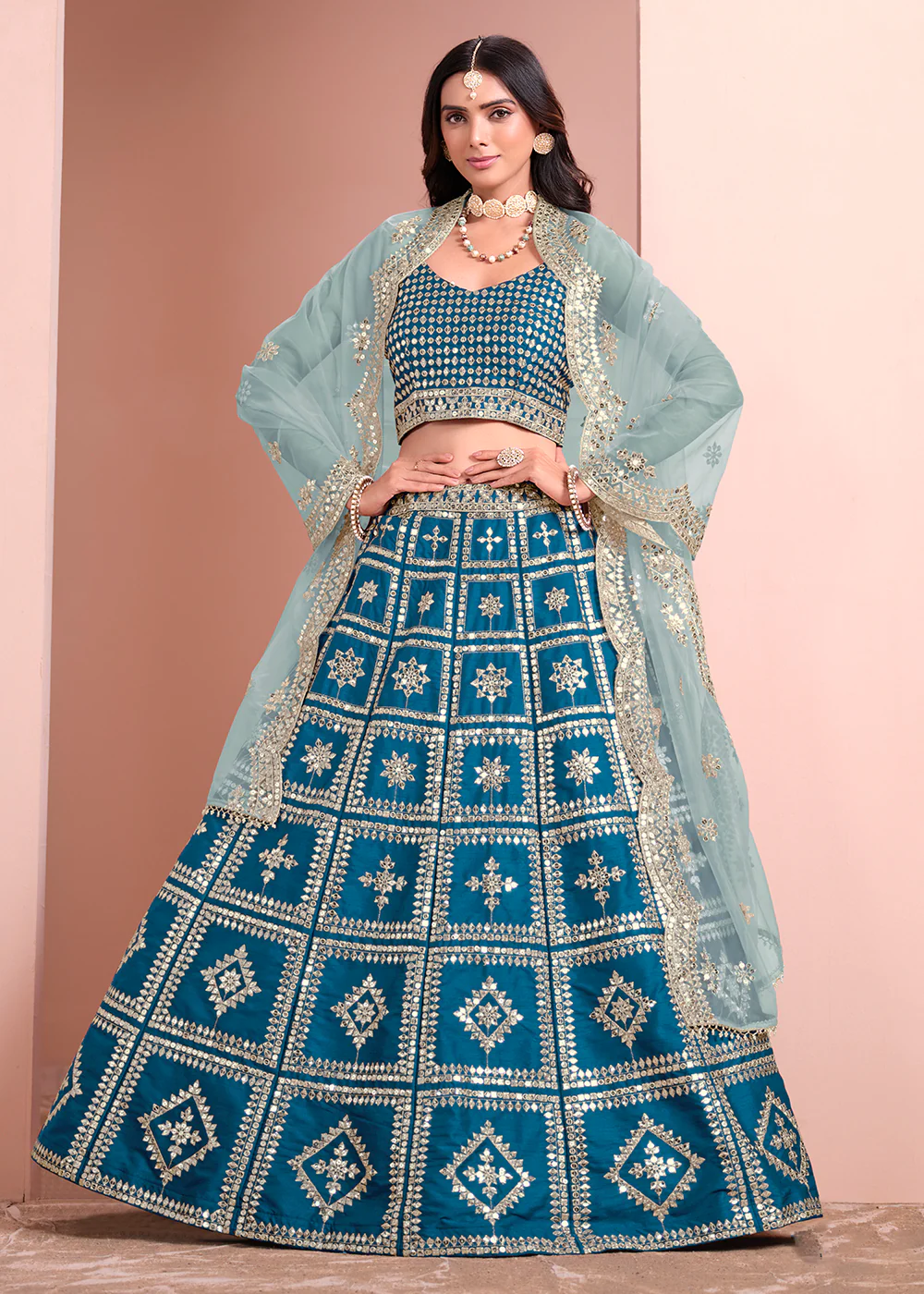 A Line Blue Embroidered Art Silk Festive Lehenga Choli