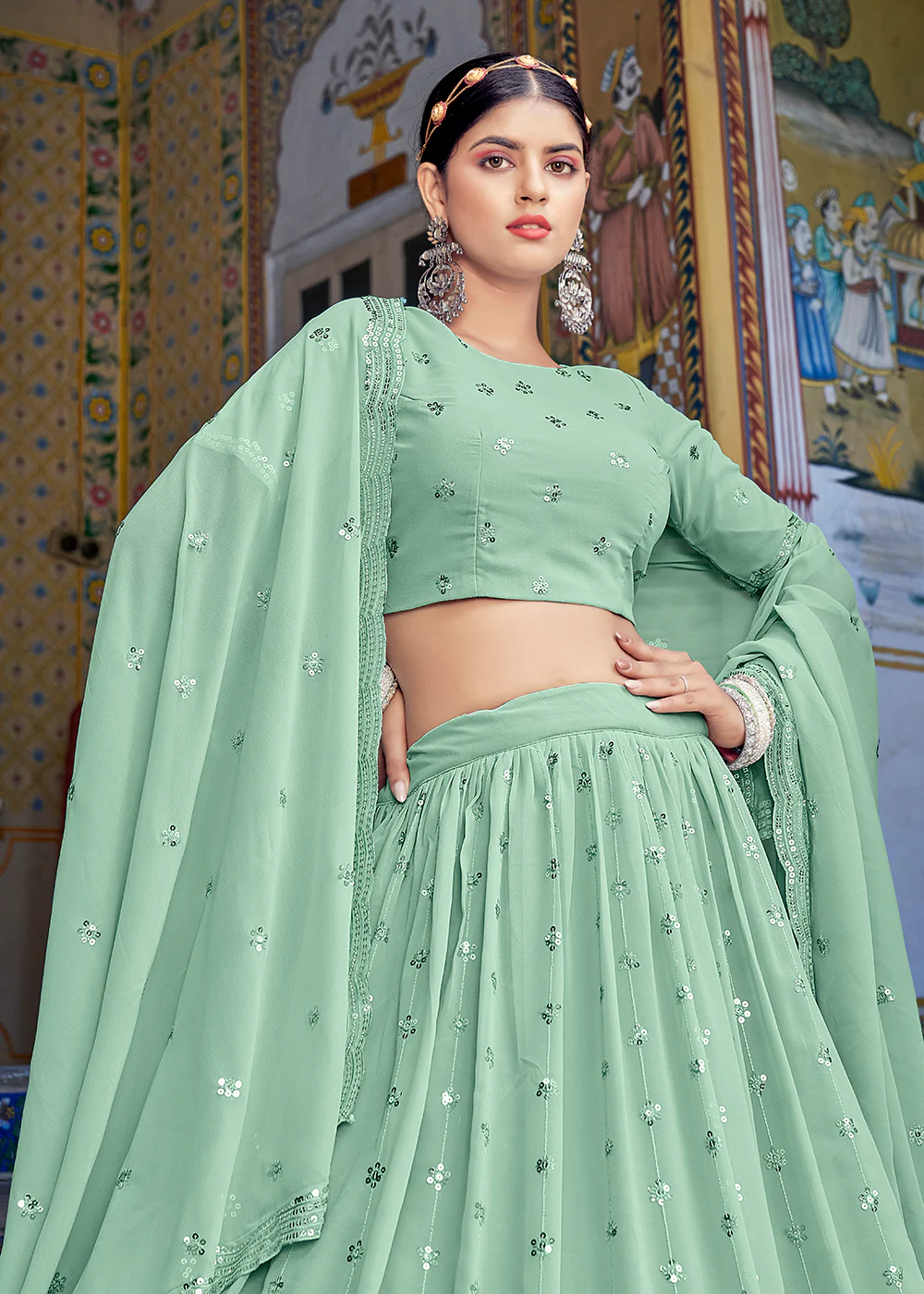 A Line Green Trendy Sequins Embroidered Wedding Lehenga - Image 2