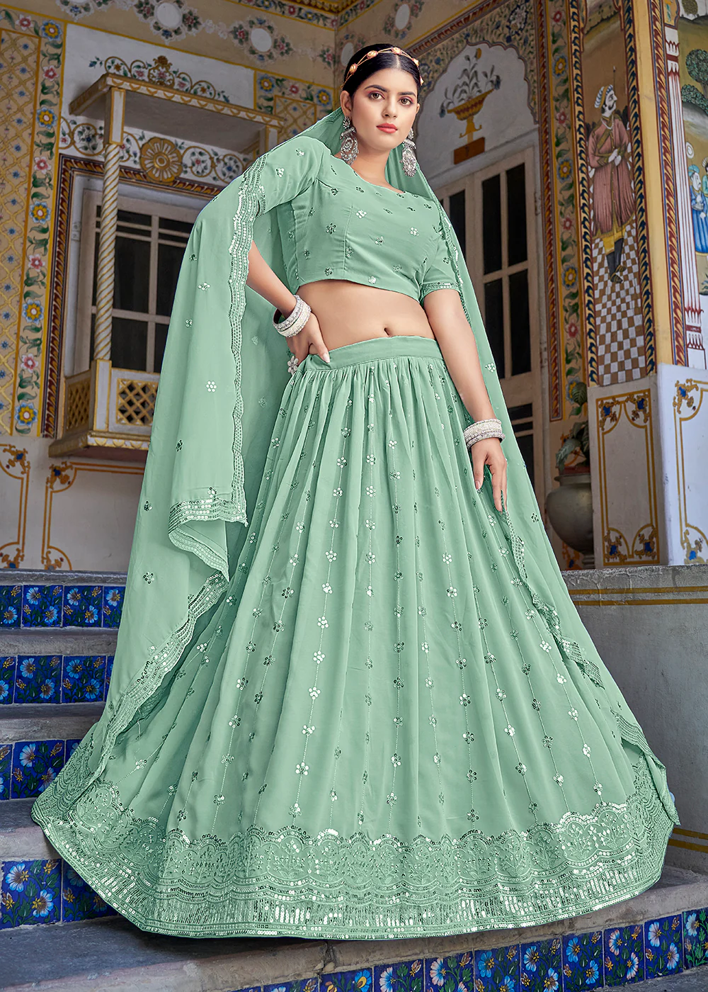 A Line Green Trendy Sequins Embroidered Wedding Lehenga - Image 3