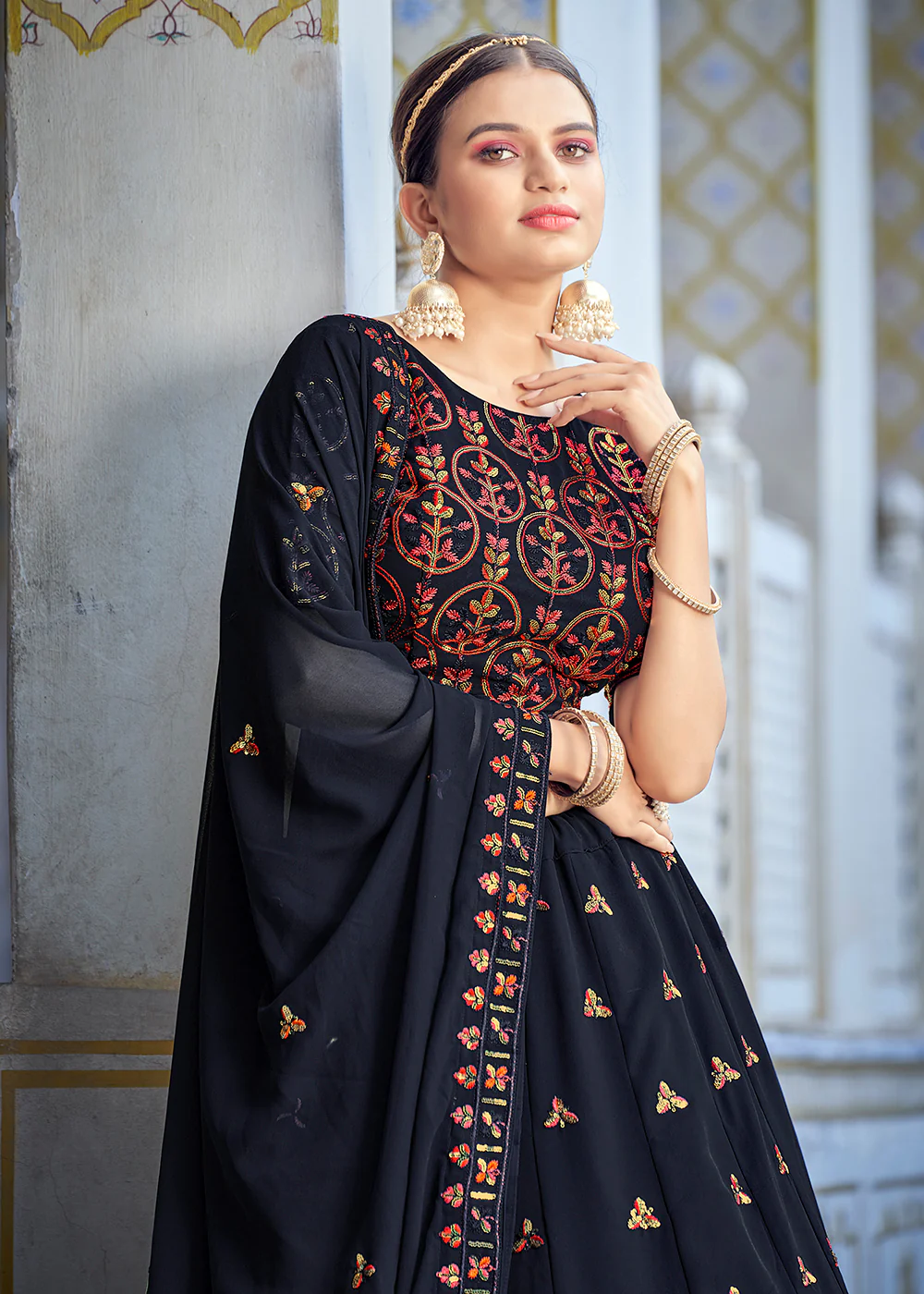 A Line Navy Blue Trendy Sequins Embroidered Wedding Lehenga - Image 2