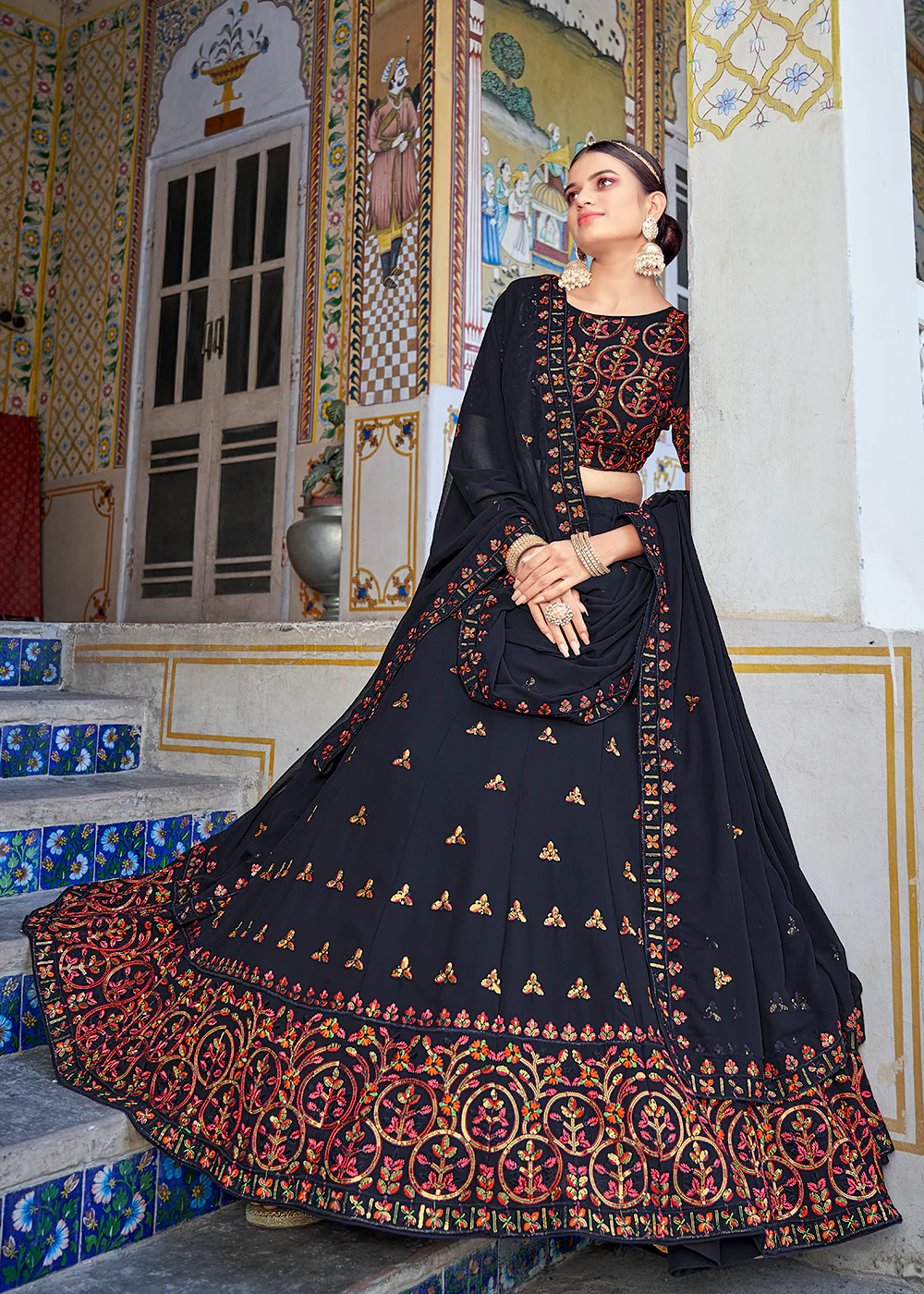 A Line Navy Blue Trendy Sequins Embroidered Wedding Lehenga - Image 3