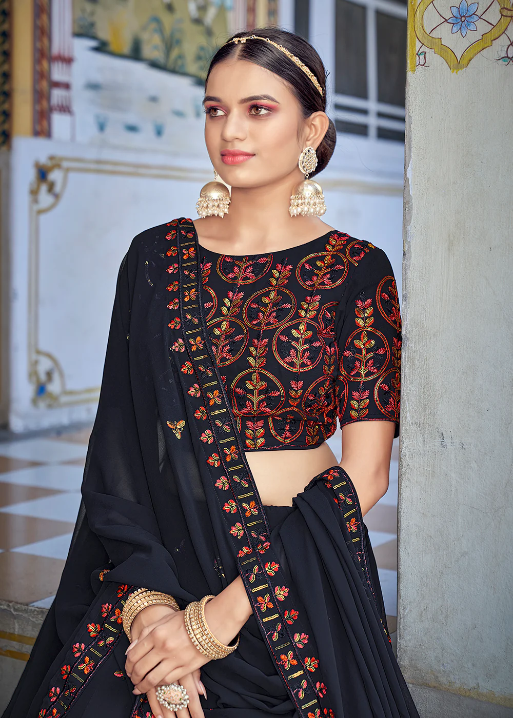 A Line Navy Blue Trendy Sequins Embroidered Wedding Lehenga - Image 4
