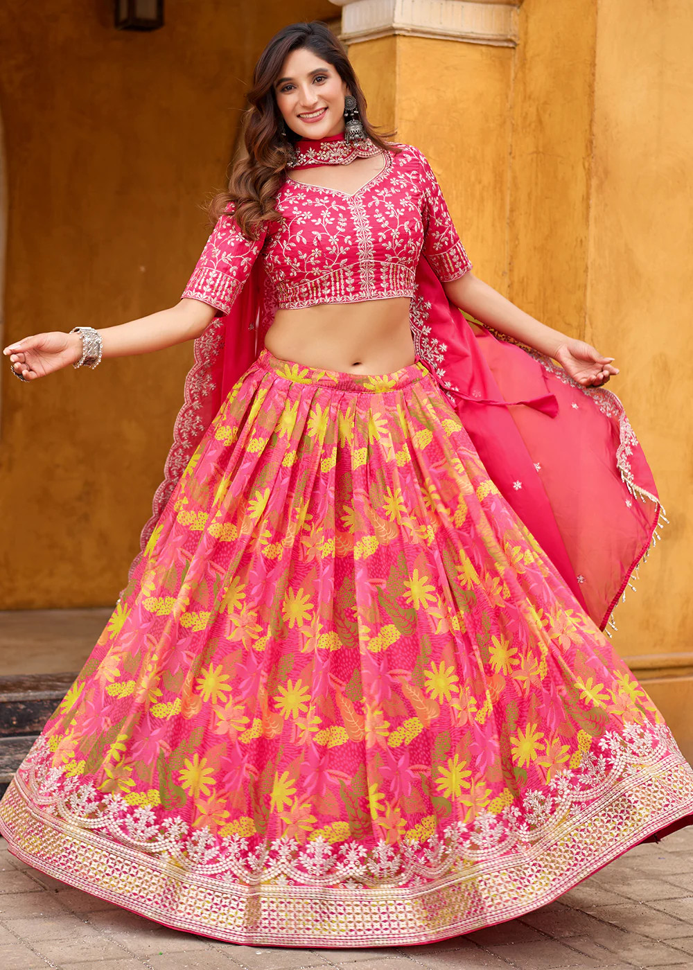 A Line Pink Embroidered Art Silk Lehenga Choli