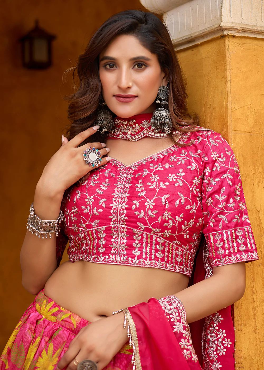A Line Pink Embroidered Art Silk Lehenga Choli - Image 2