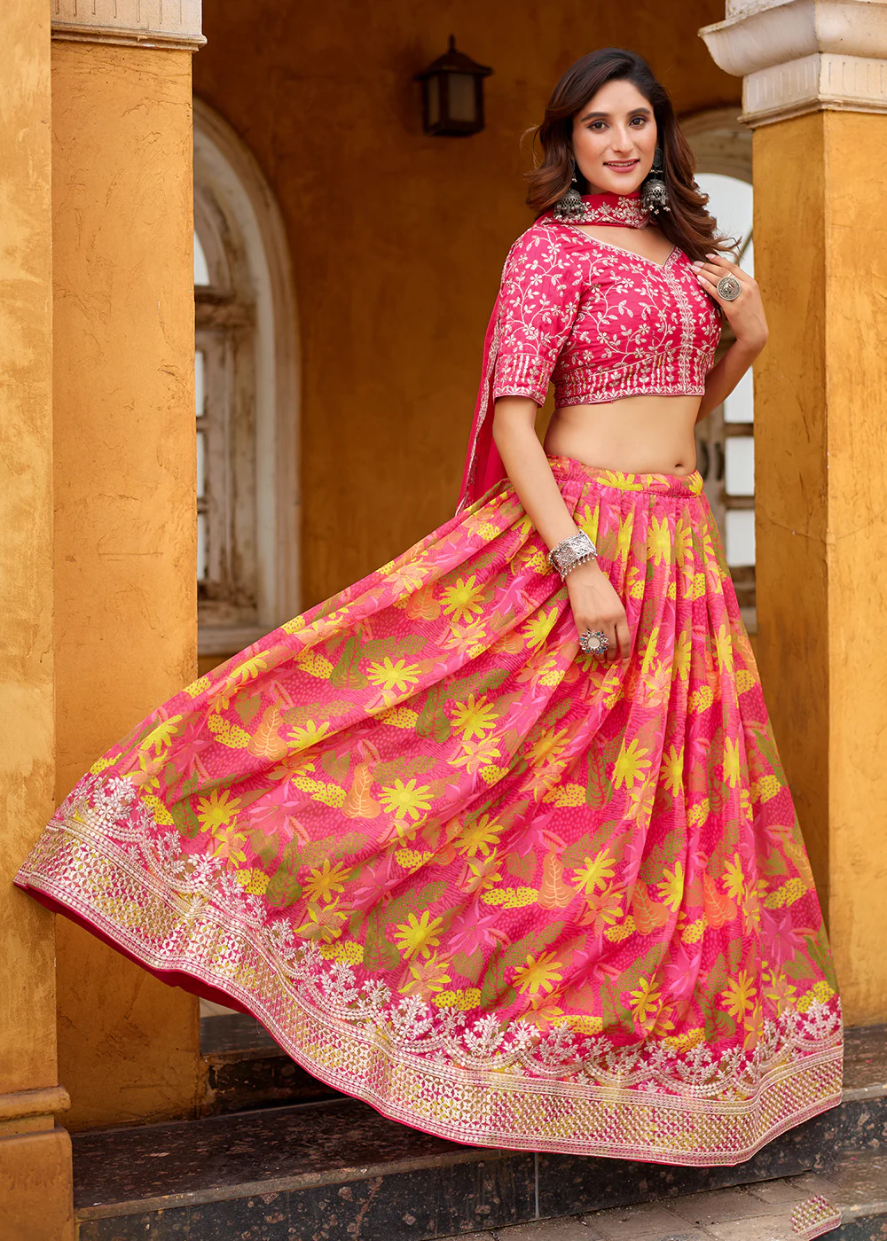 A Line Pink Embroidered Art Silk Lehenga Choli - Image 6