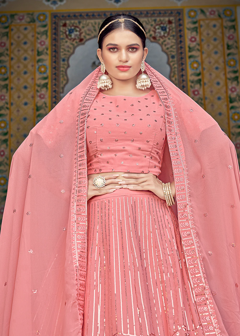 A Line Pink Trendy Sequins Embroidered Wedding Lehenga - Image 2