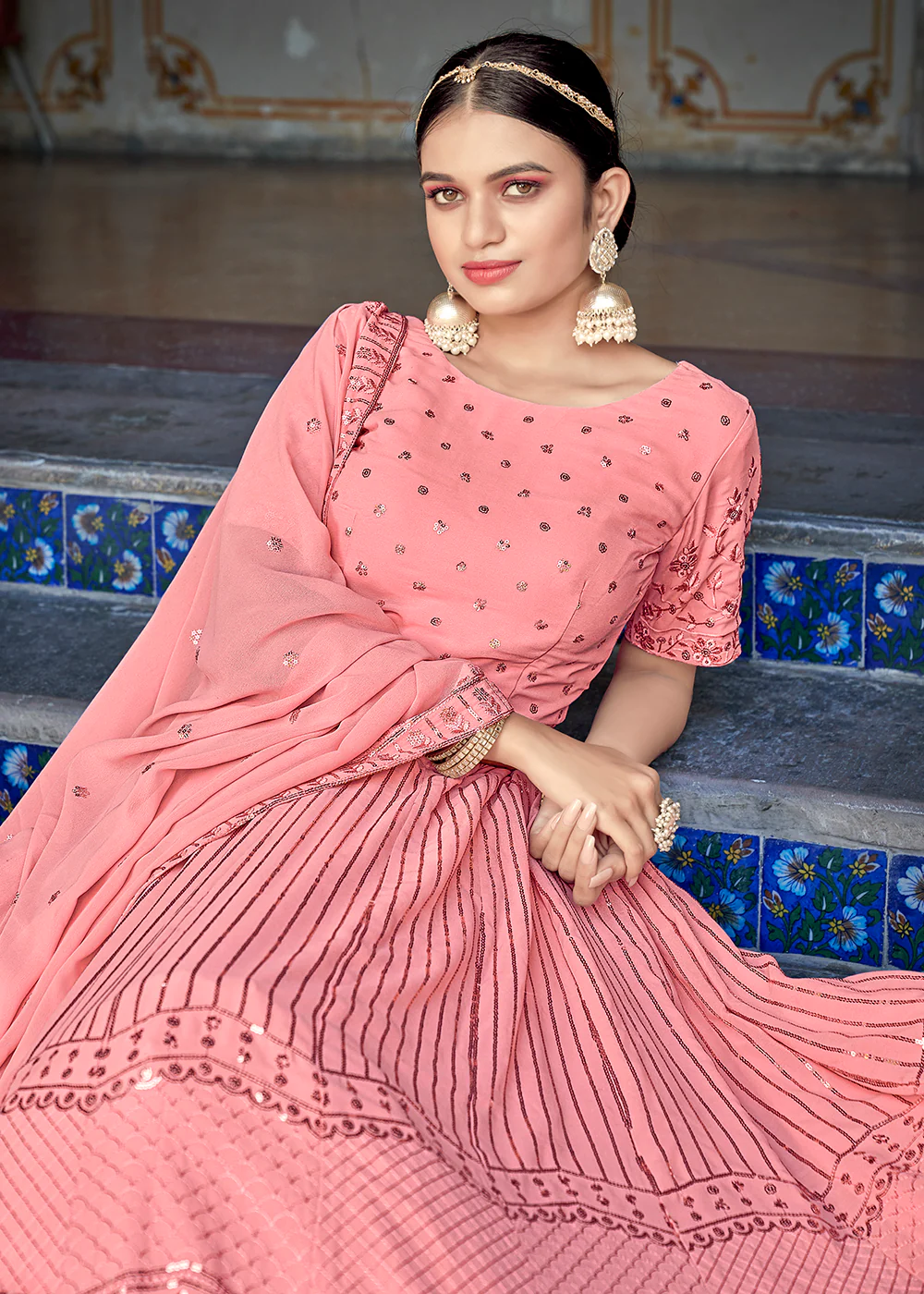A Line Pink Trendy Sequins Embroidered Wedding Lehenga - Image 5