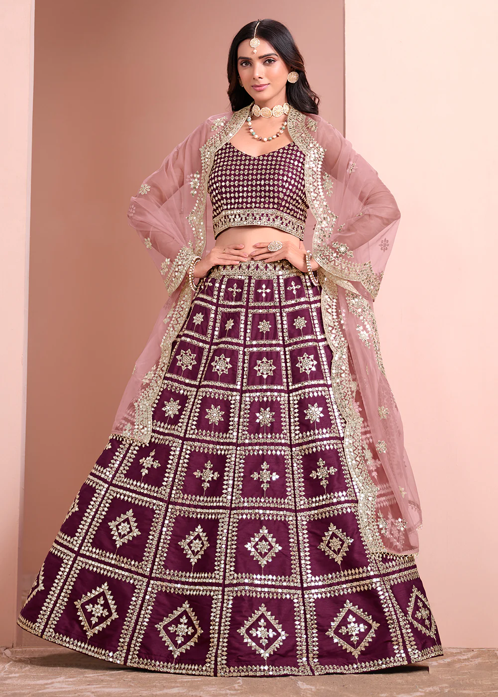 A Line Purple Embroidered Art Silk Festive Lehenga Choli