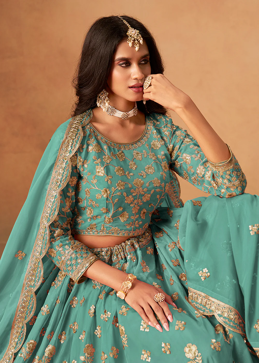 A Line Style Teal Wedding Wear Lehenga Choli - Image 2