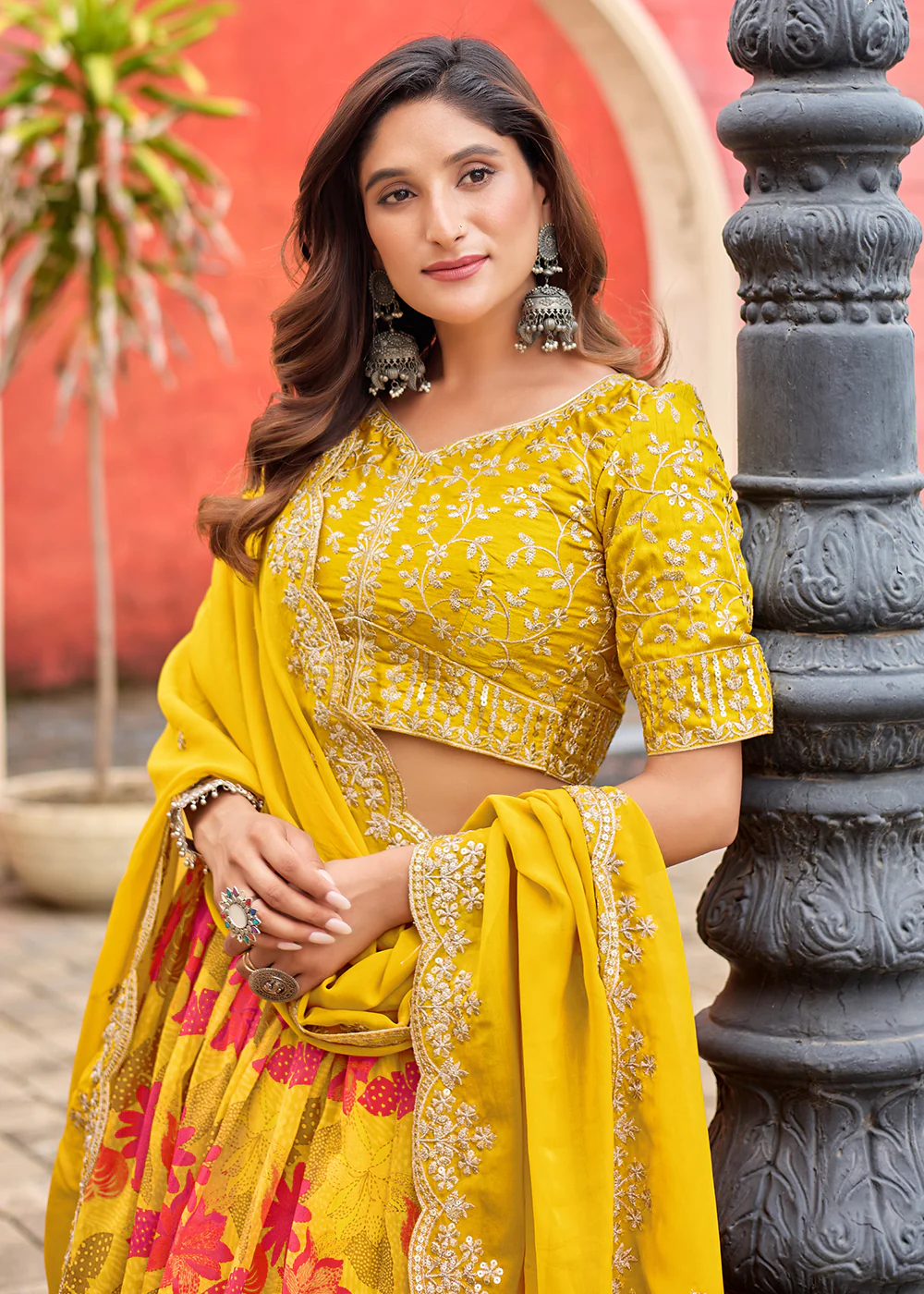 A Line Yellow Embroidered Art Silk Lehenga Choli - Image 2