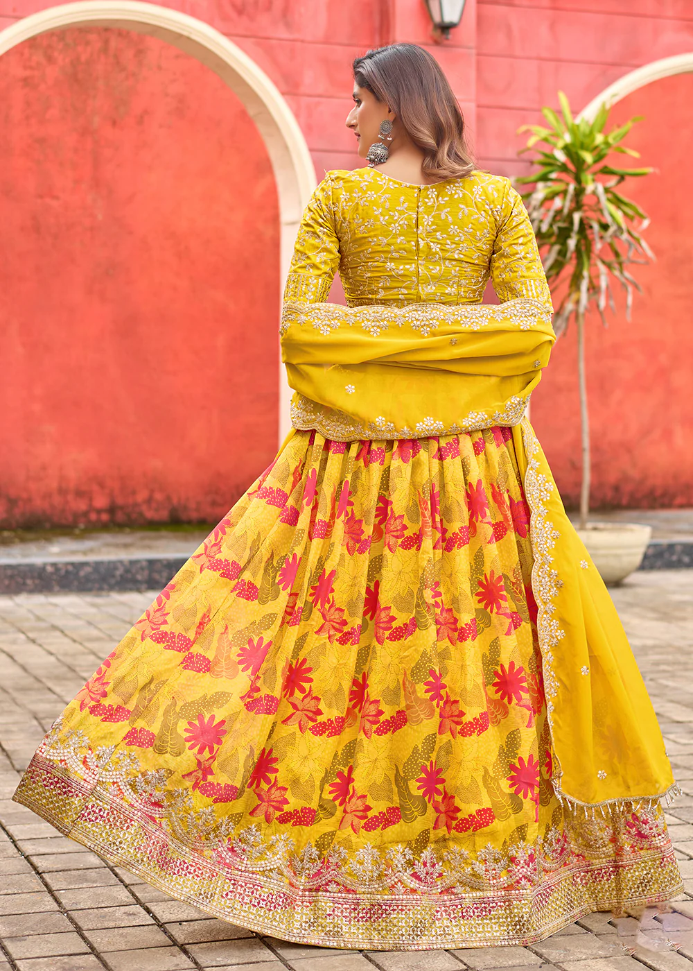 A Line Yellow Embroidered Art Silk Lehenga Choli - Image 3