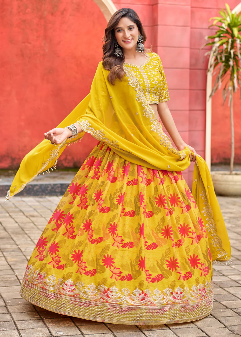 A Line Yellow Embroidered Art Silk Lehenga Choli - Image 4