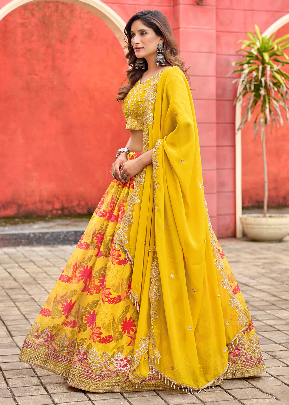 A Line Yellow Embroidered Art Silk Lehenga Choli - Image 5
