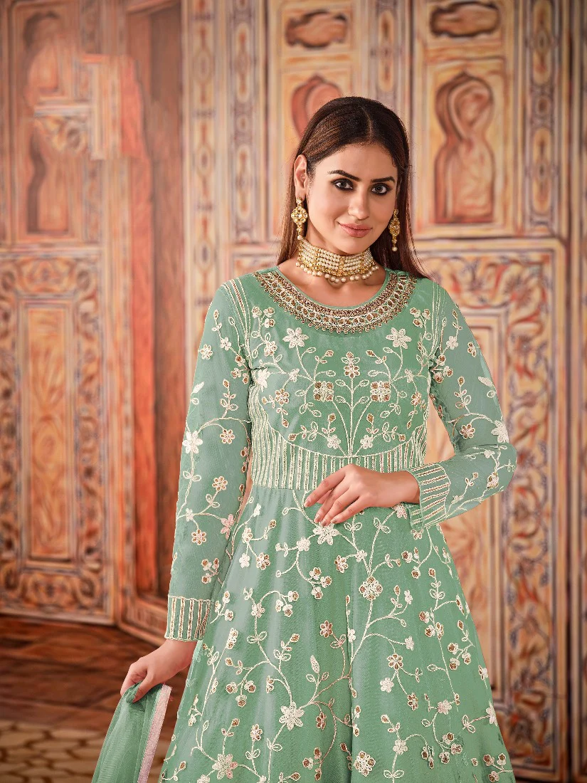 Abaya Style Sea Green Thread Floor Length Anarkali Suit - Image 2