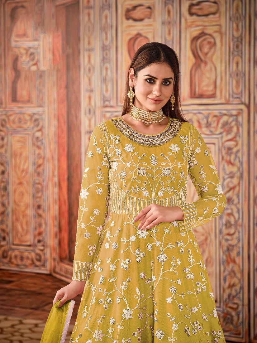 Abaya Style Yellow Thread Floor Length Anarkali Suit - Image 2