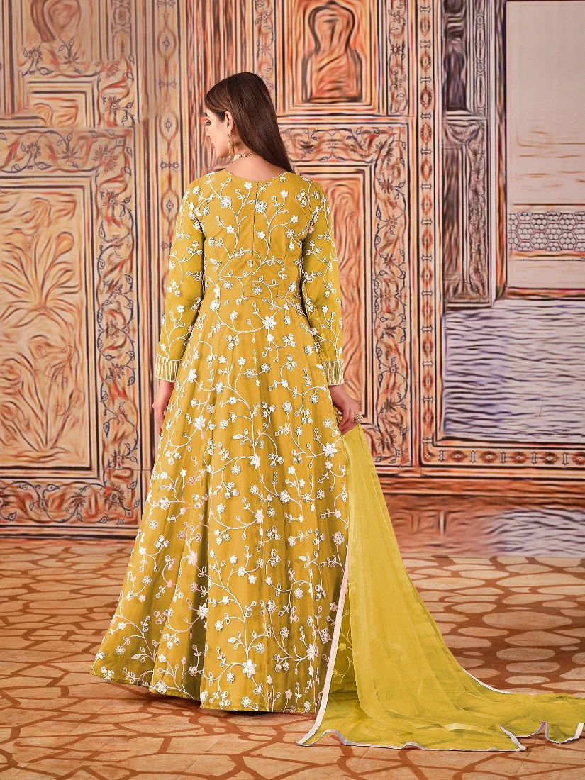 Abaya Style Yellow Thread Floor Length Anarkali Suit - Image 3