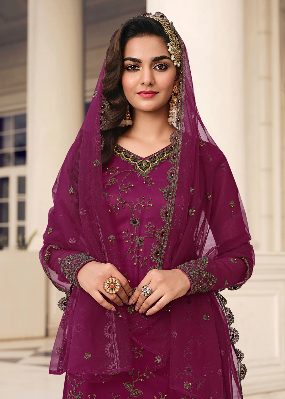 Admirable Wine & Gold Embroidered Pant Style Salwar Suit - Image 2