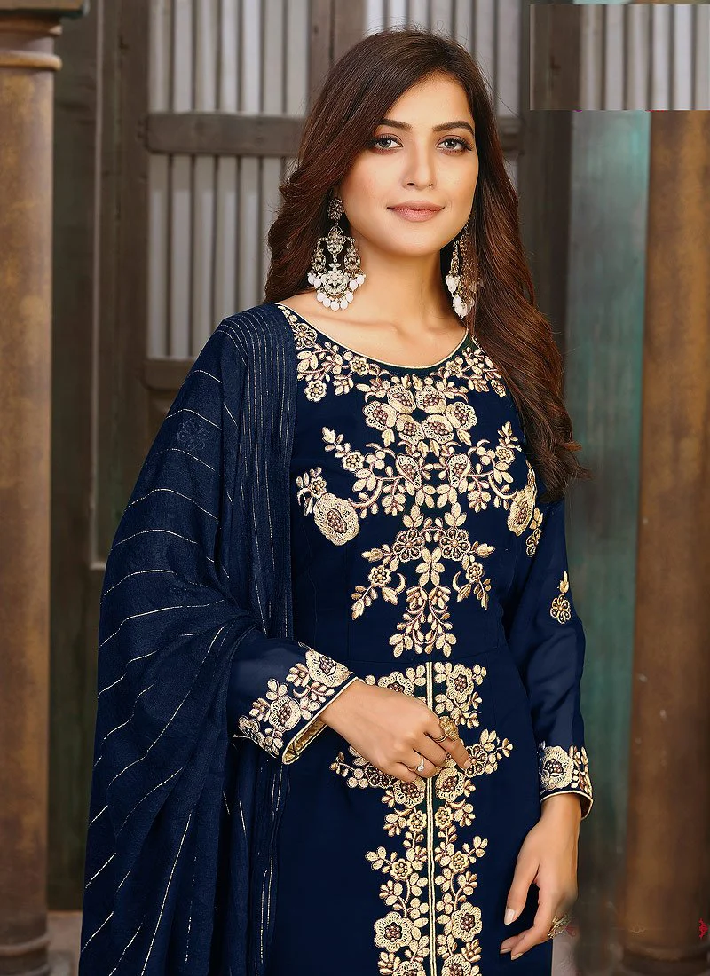 Admiral Blue Ceremonial Embroidered Pakistani Style Suit - Image 2