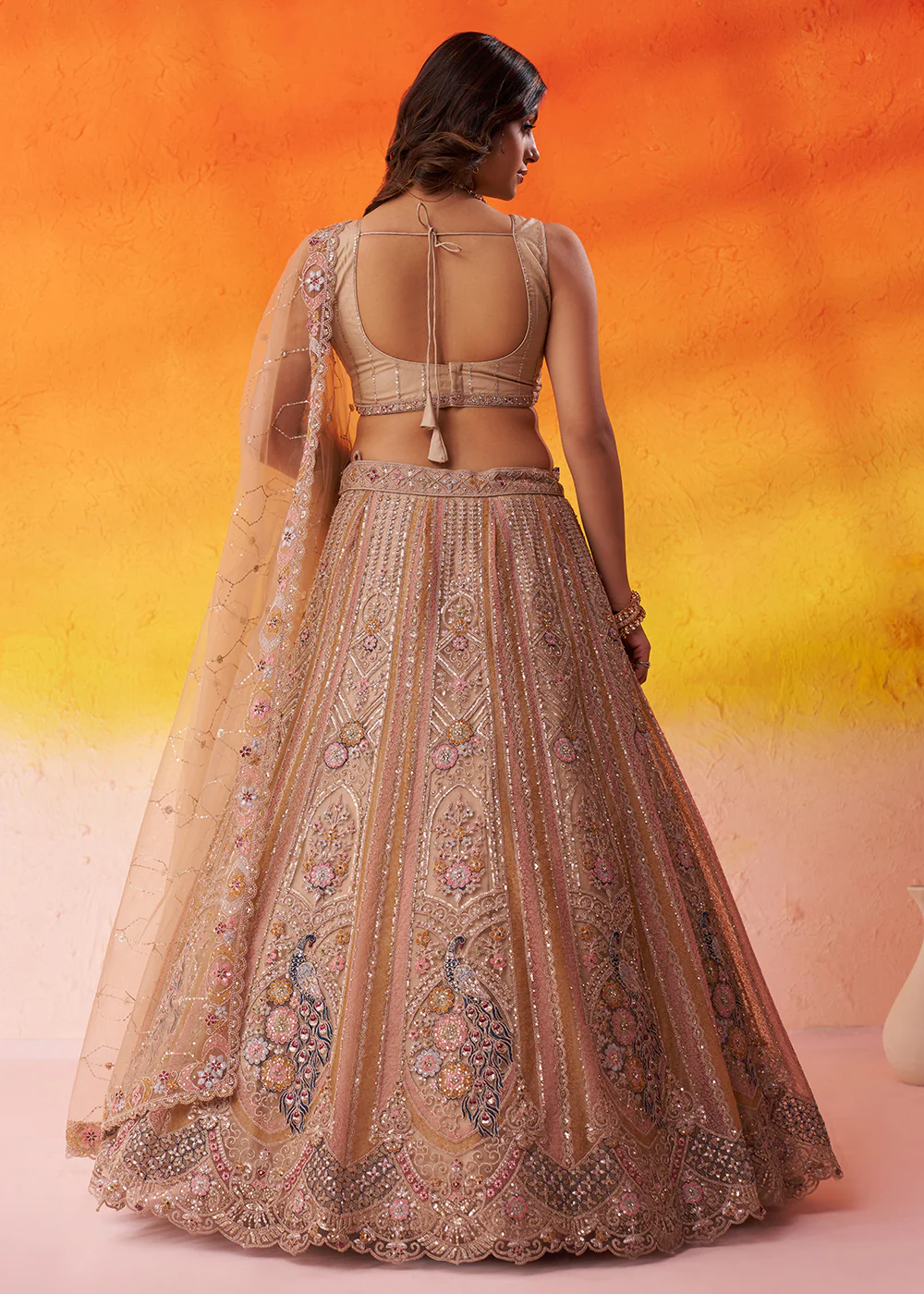 Adorable Beige Net Embroidered Bridesmaids Lehenga Choli - Image 3