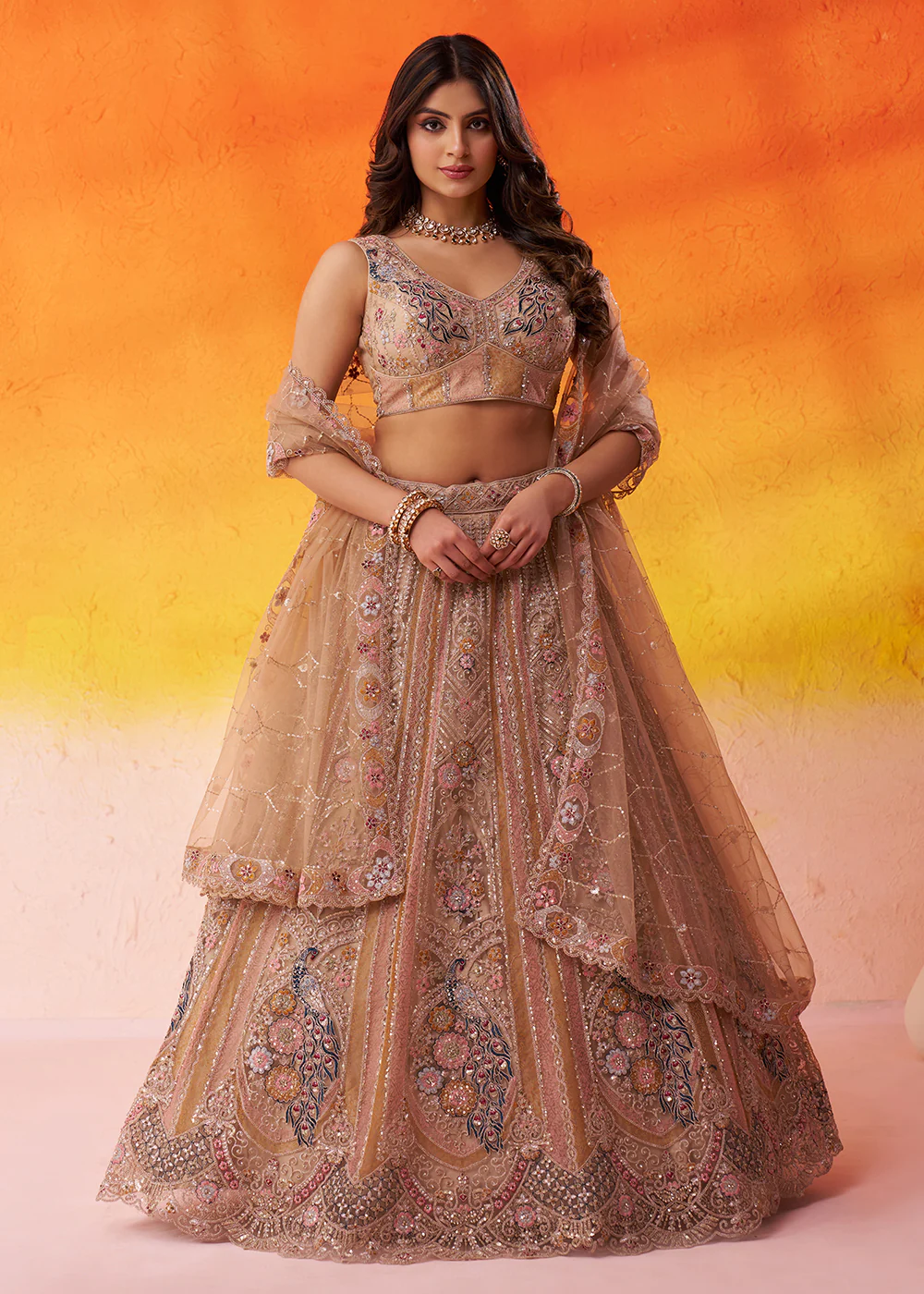 Adorable Beige Net Embroidered Bridesmaids Lehenga Choli - Image 4