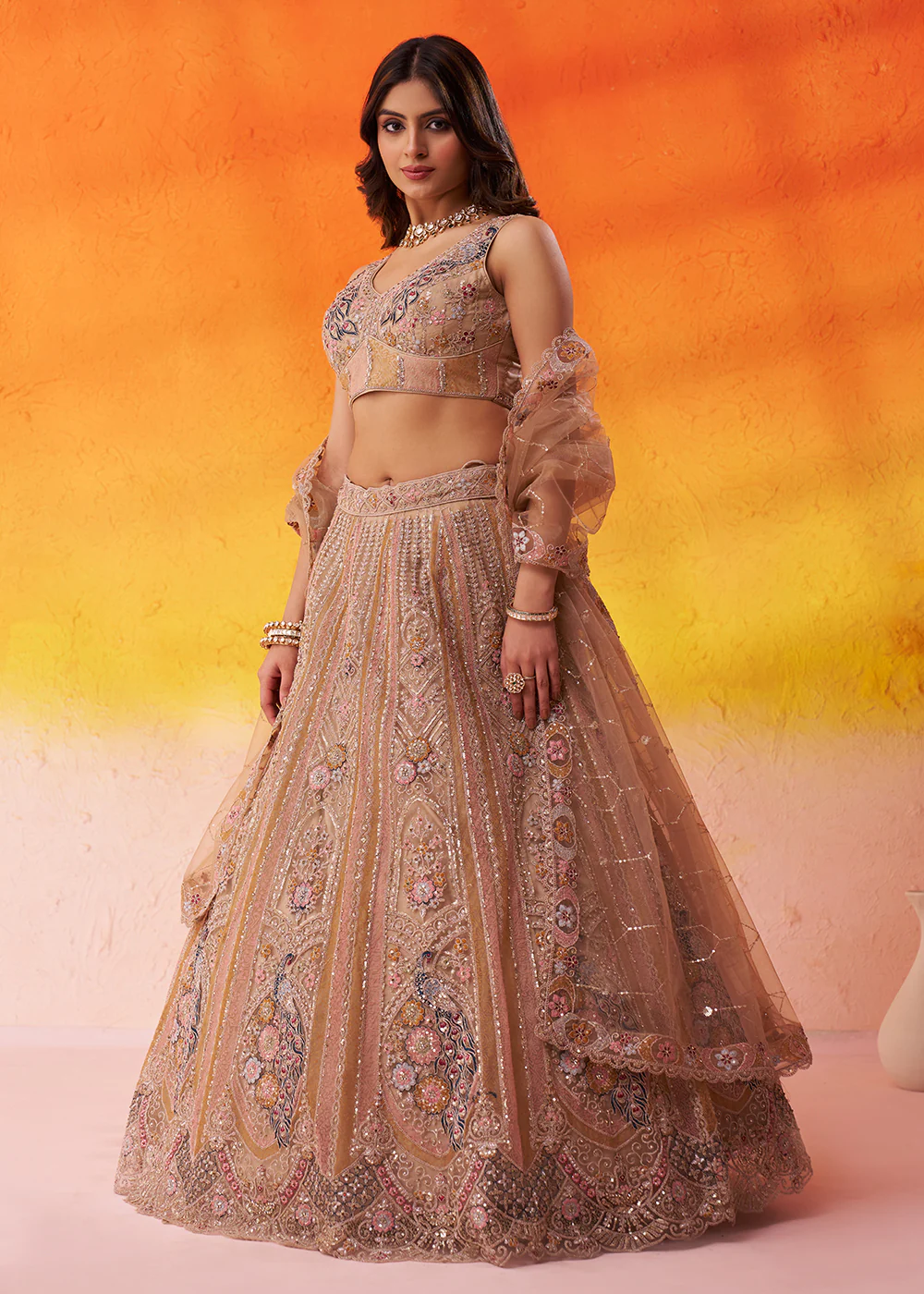 Adorable Beige Net Embroidered Bridesmaids Lehenga Choli - Image 5