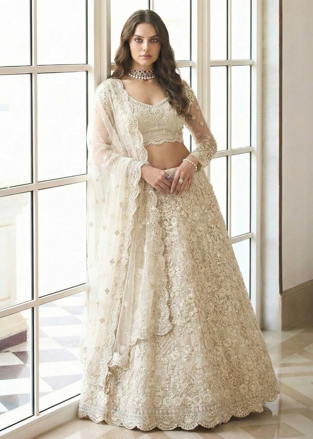 Adorable Cream Heavy Net Embroidered Bridal Lehenga Choli