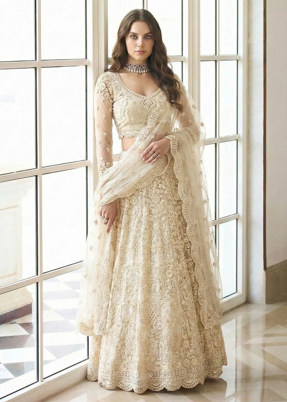 Adorable Cream Heavy Net Embroidered Bridal Lehenga Choli - Image 3