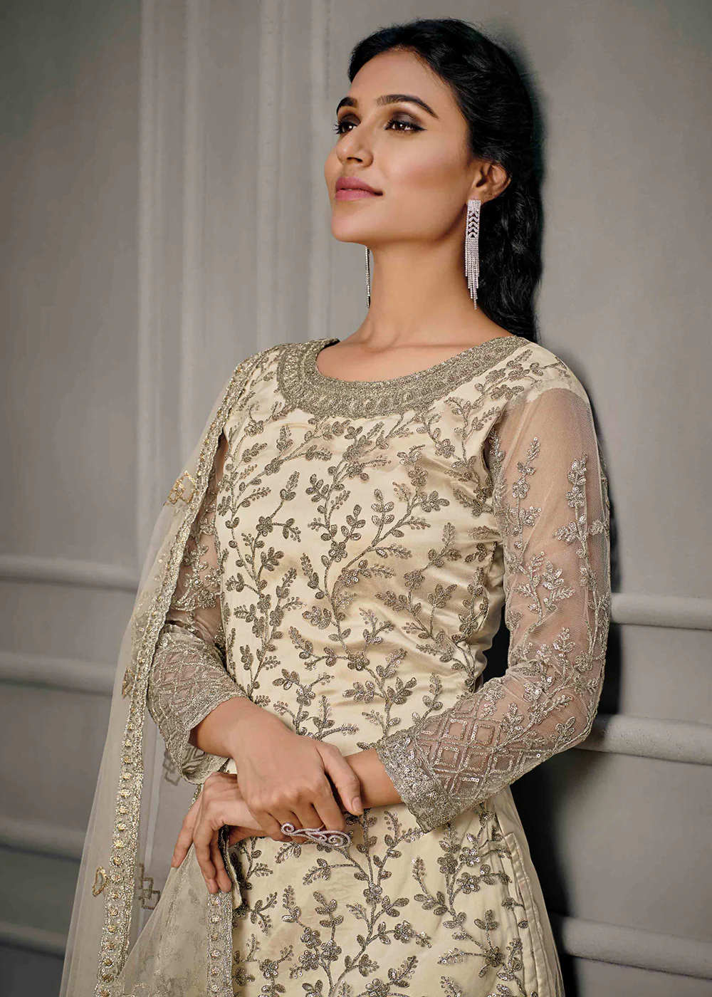 Adorable Cream Wedding Wear Net Embroidered Salwar Suit - Image 2