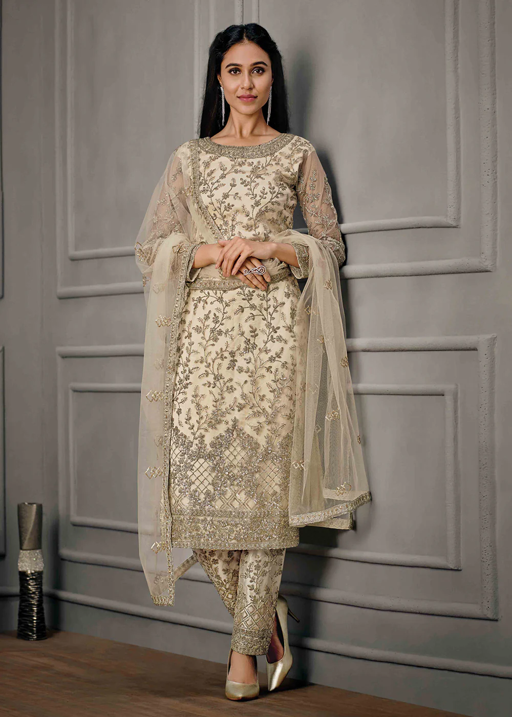 Adorable Cream Wedding Wear Net Embroidered Salwar Suit - Image 4