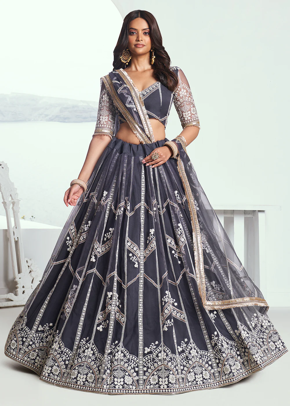 Adorable Dark Grey Embroidered Wedding Wear Lehenga Choli