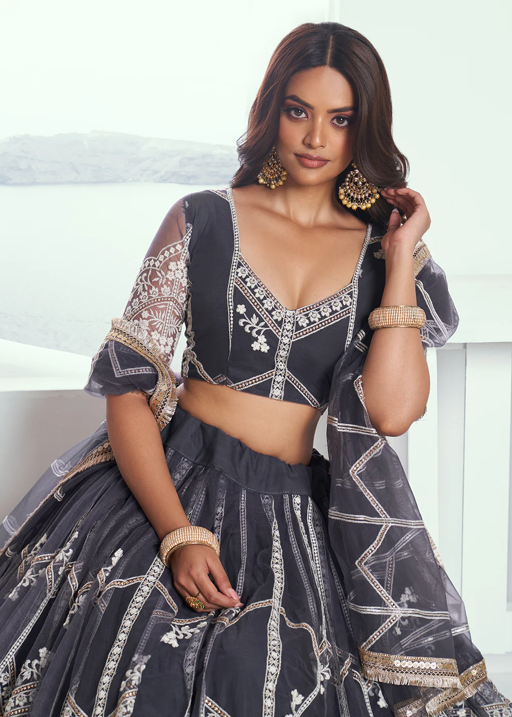 Adorable Dark Grey Embroidered Wedding Wear Lehenga Choli - Image 2