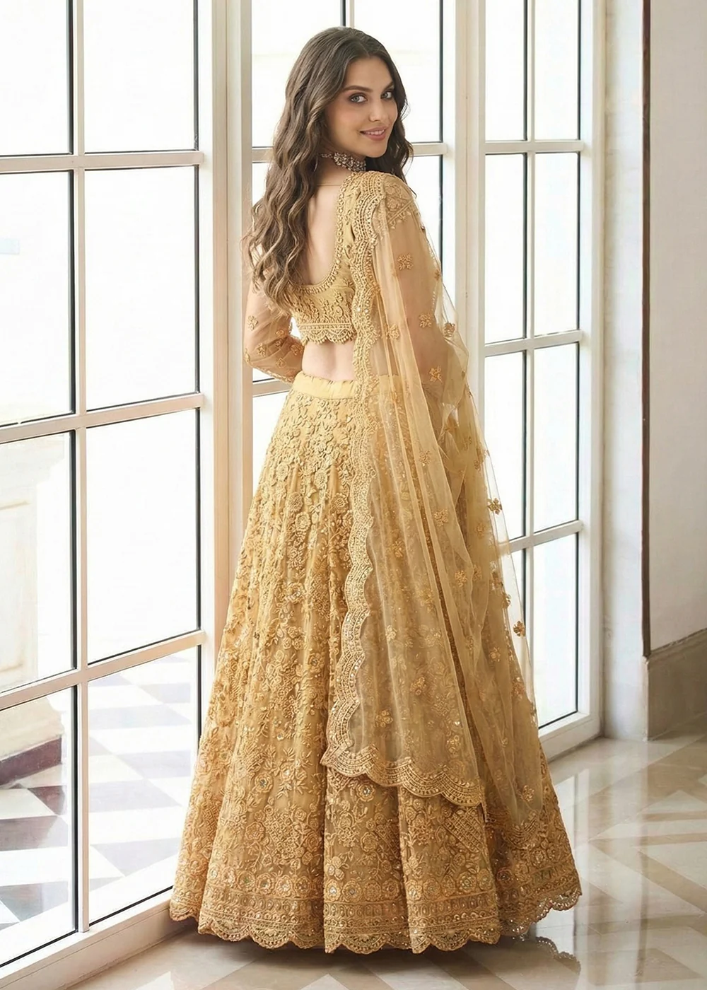 Adorable Golden Heavy Net Embroidered Bridal Lehenga Choli - Image 2