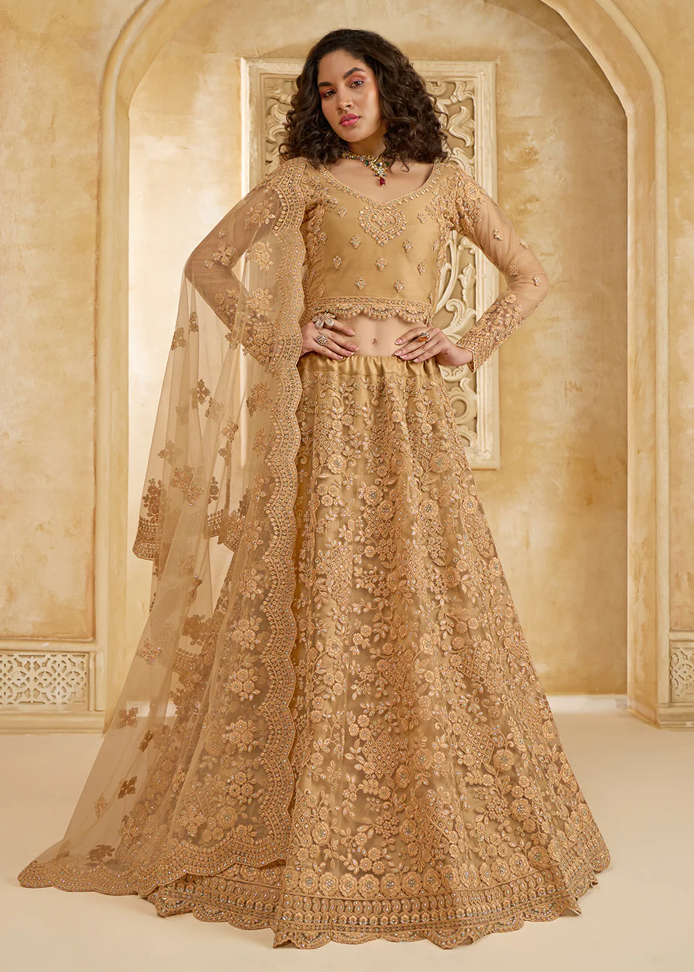 Adorable Golden Heavy Net Embroidered Bridal Lehenga Choli