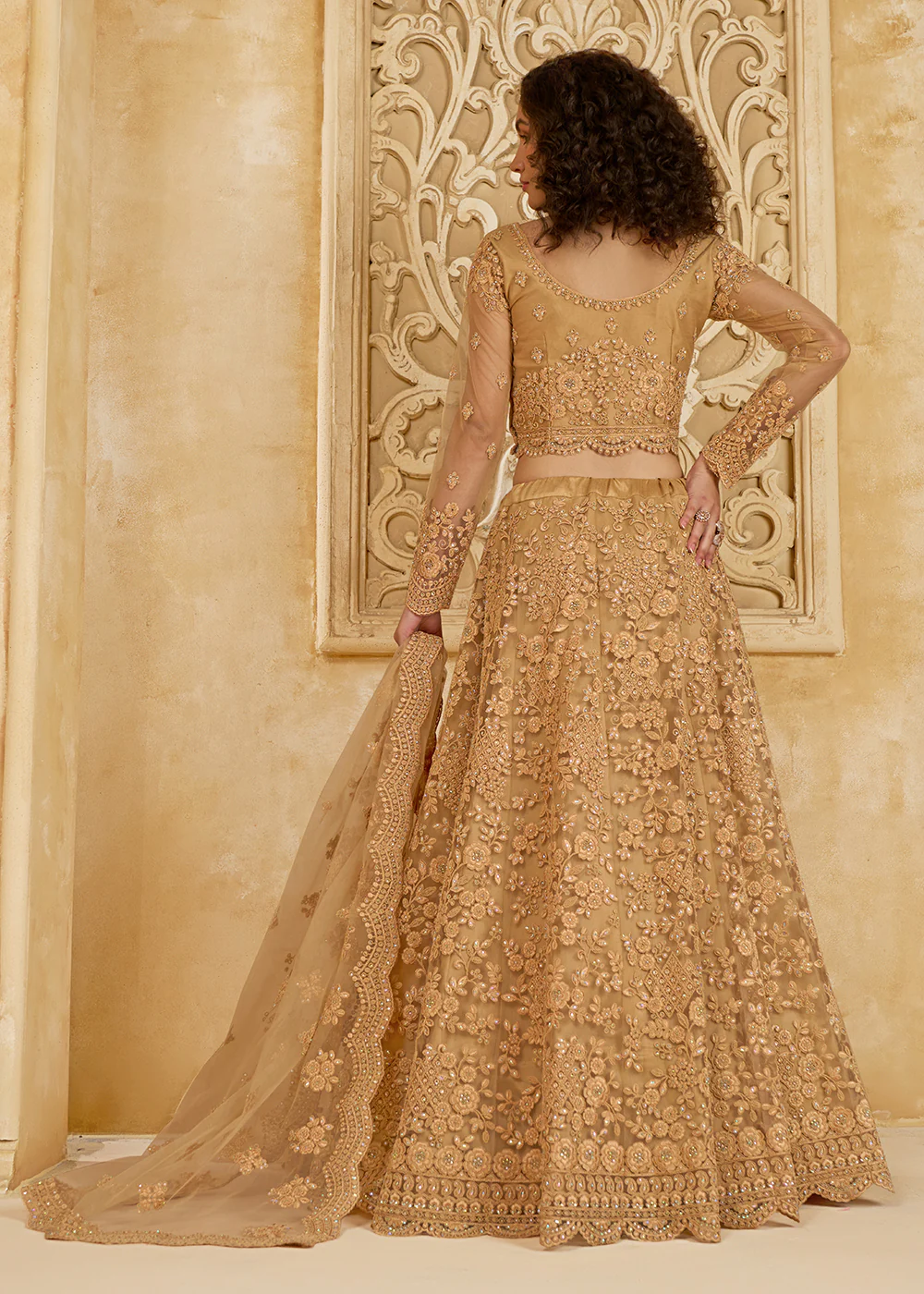 Adorable Golden Heavy Net Embroidered Bridal Lehenga Choli - Image 3