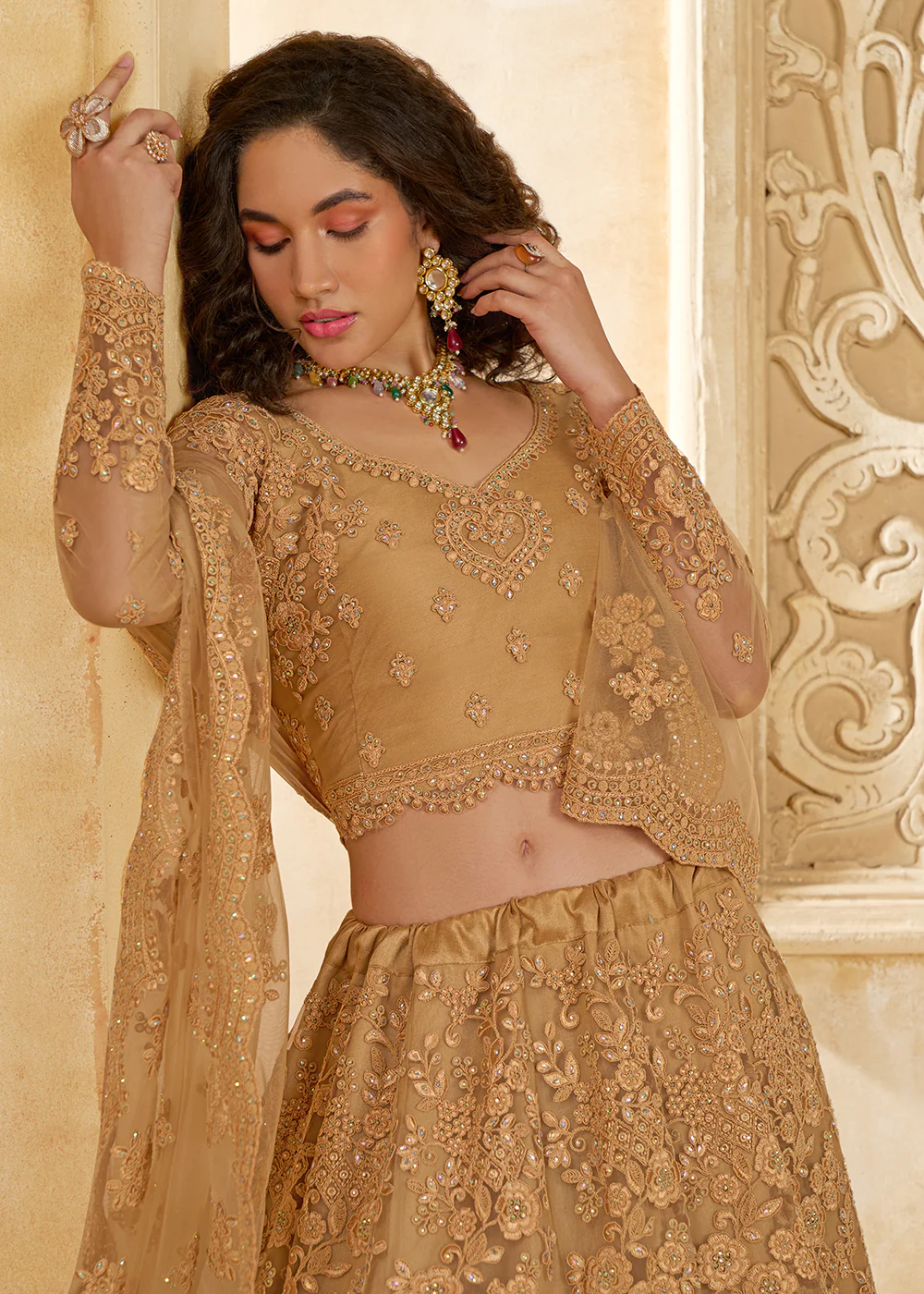 Adorable Golden Heavy Net Embroidered Bridal Lehenga Choli - Image 4