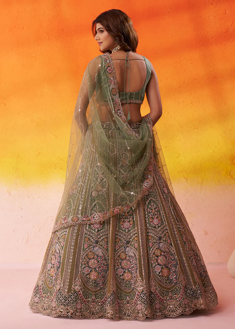 Adorable Green Net Embroidered Bridesmaids Lehenga Choli - Image 3