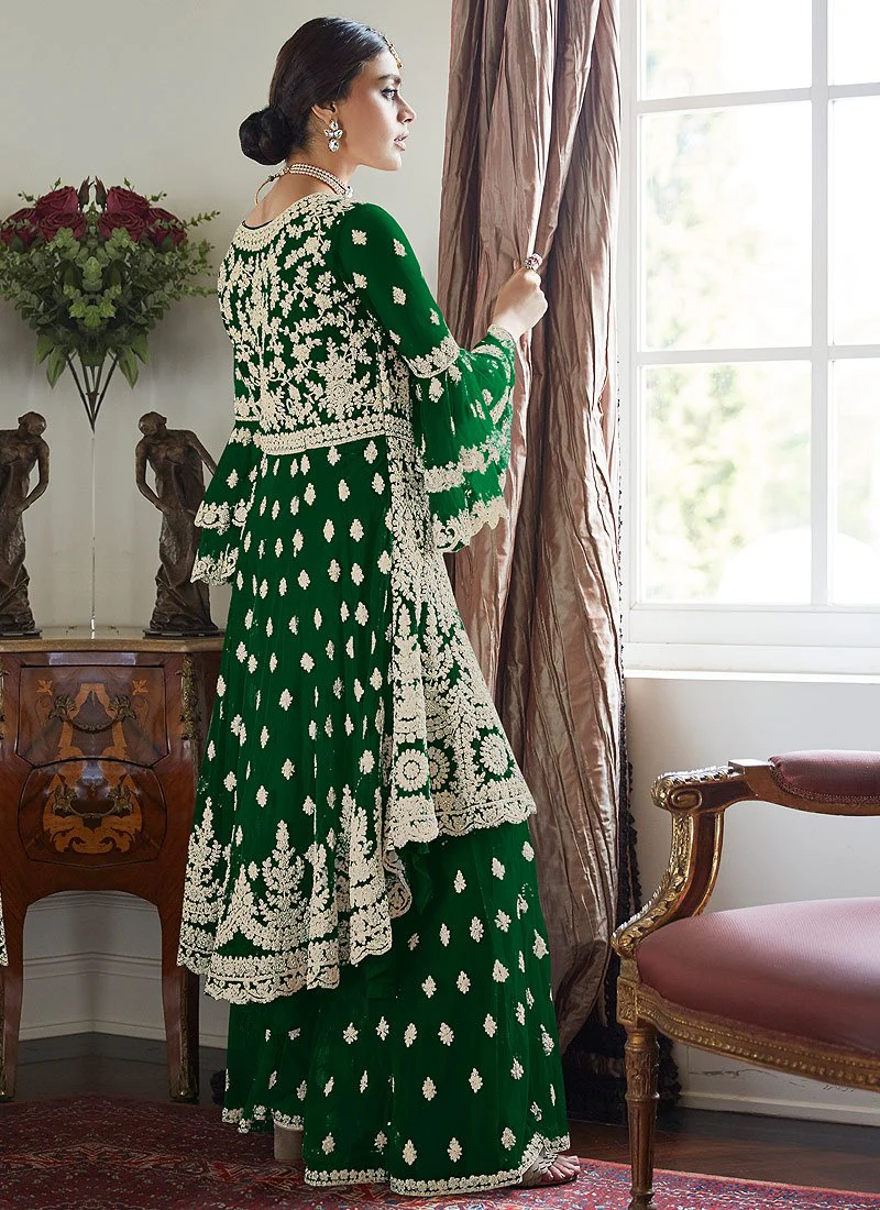 Adorable Green Trendy Bell Sleeved Embroidered Sharara - Image 2