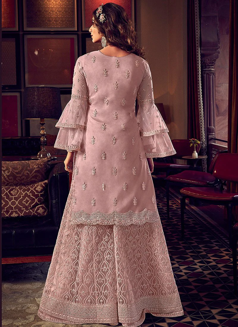 Adorable Mauve Embroidered Party Wear Sharara Suit - Image 3