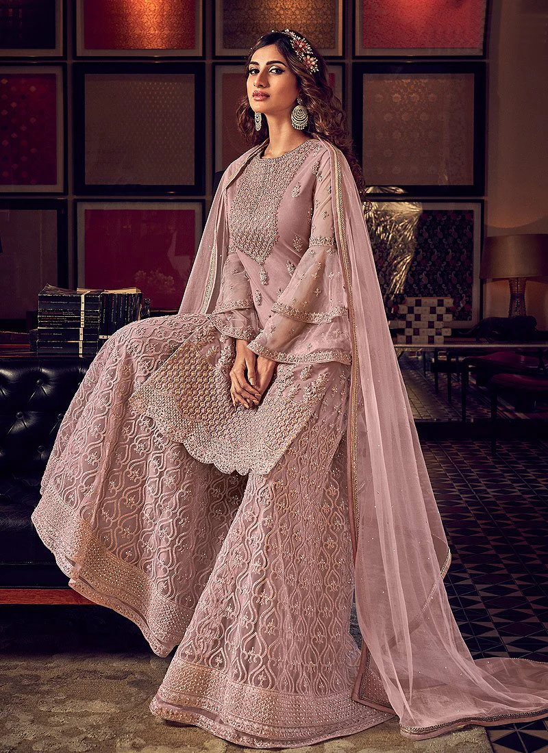 Adorable Mauve Embroidered Party Wear Sharara Suit - Image 4