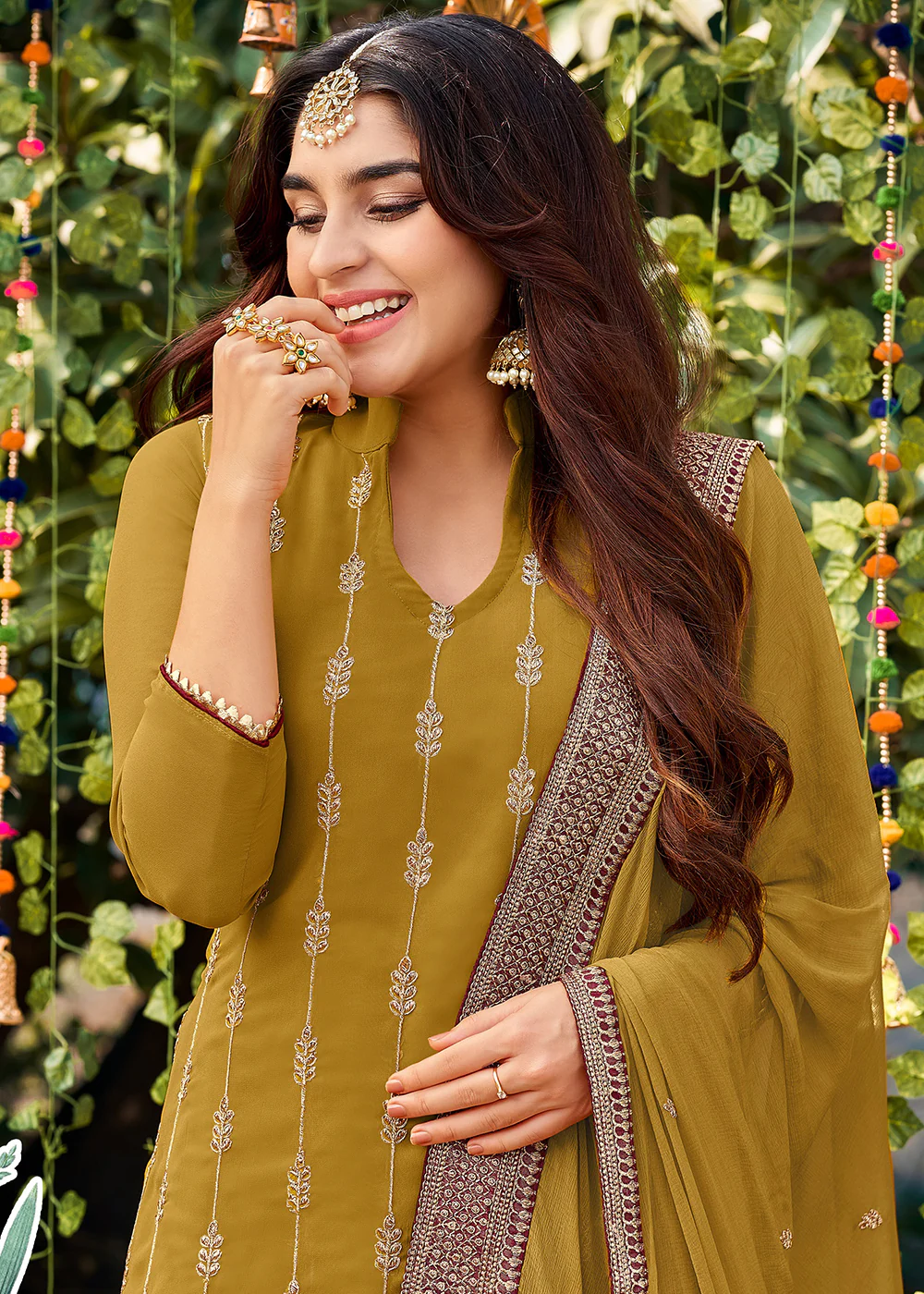 Adorable Mustard Georgette Embroidered Wedding Festive Salwar Suit - Image 2