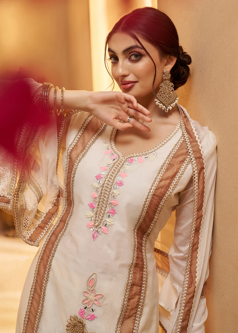 Adorable Off White Cotton Embroidered Pant Style Suit - Image 2