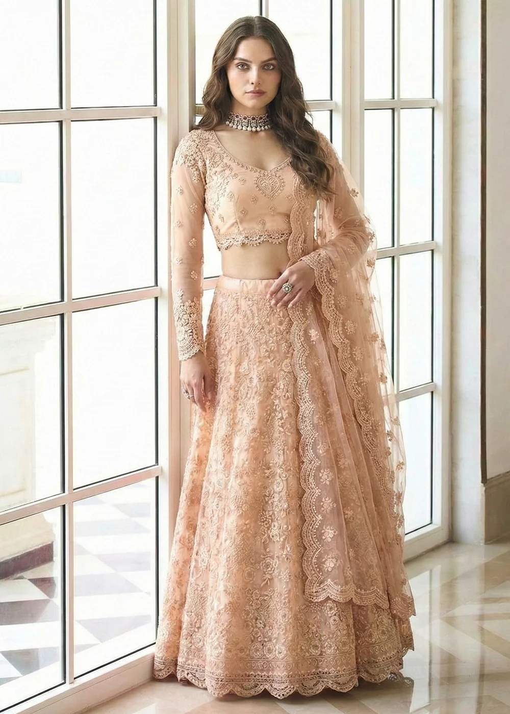 Adorable Peach Heavy Net Embroidered Bridal Lehenga Choli