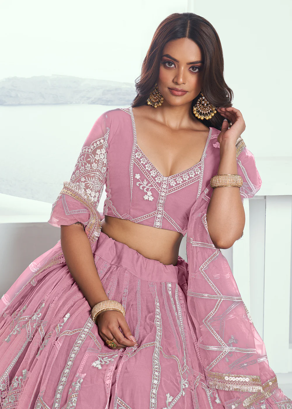 Adorable Pink Embroidered Wedding Wear Lehenga Choli - Image 2